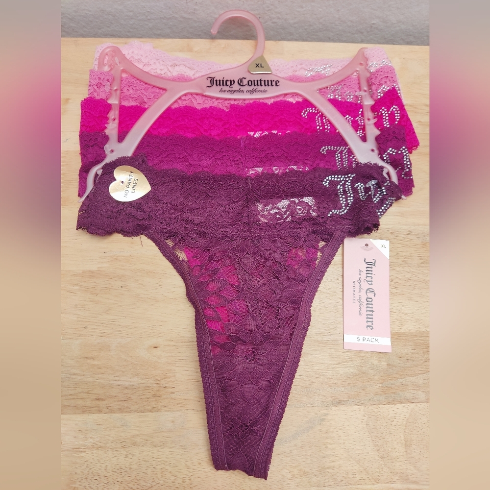 Juicy Couture Lace Thong‎ Panties Womens Large 5 Pair Bling Logo XL NWT